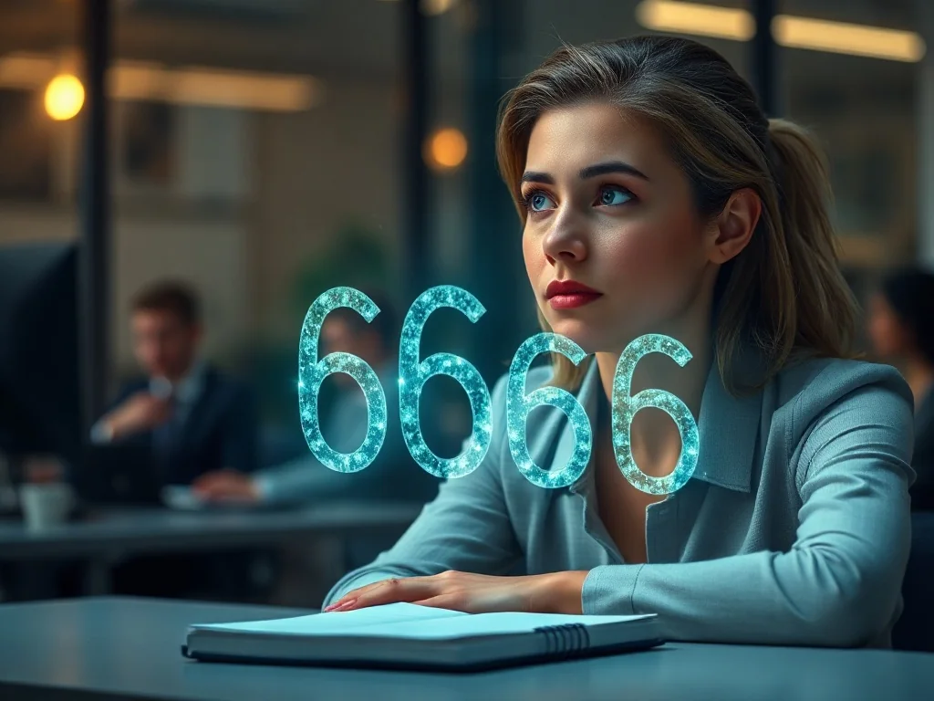 Kobieta wpatrzona w świetlistą projekcję liczby 6666, symbolizującą duchowe i numerologiczne znaczenie tej sekwencji.