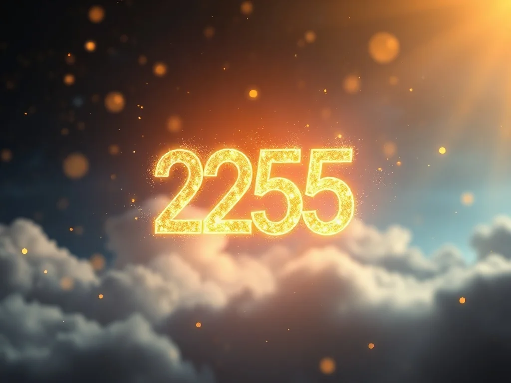 Świetlista liczba 2255 unosząca się w magicznej, kosmicznej scenerii wypełnionej złotym blaskiem i gwiezdnym pyłem.