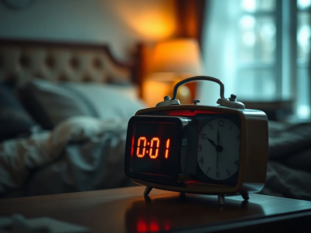 Zegar cyfrowy na stoliku nocnym wyświetlający godzinę 01:01 w przytulnej, nastrojowej sypialni.