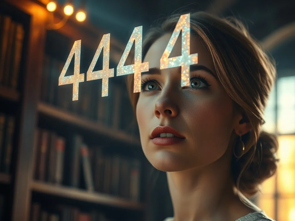 Kobieta zamyślona nad unoszącą się w powietrzu, świecącą liczbą 4444 w magicznej bibliotece.