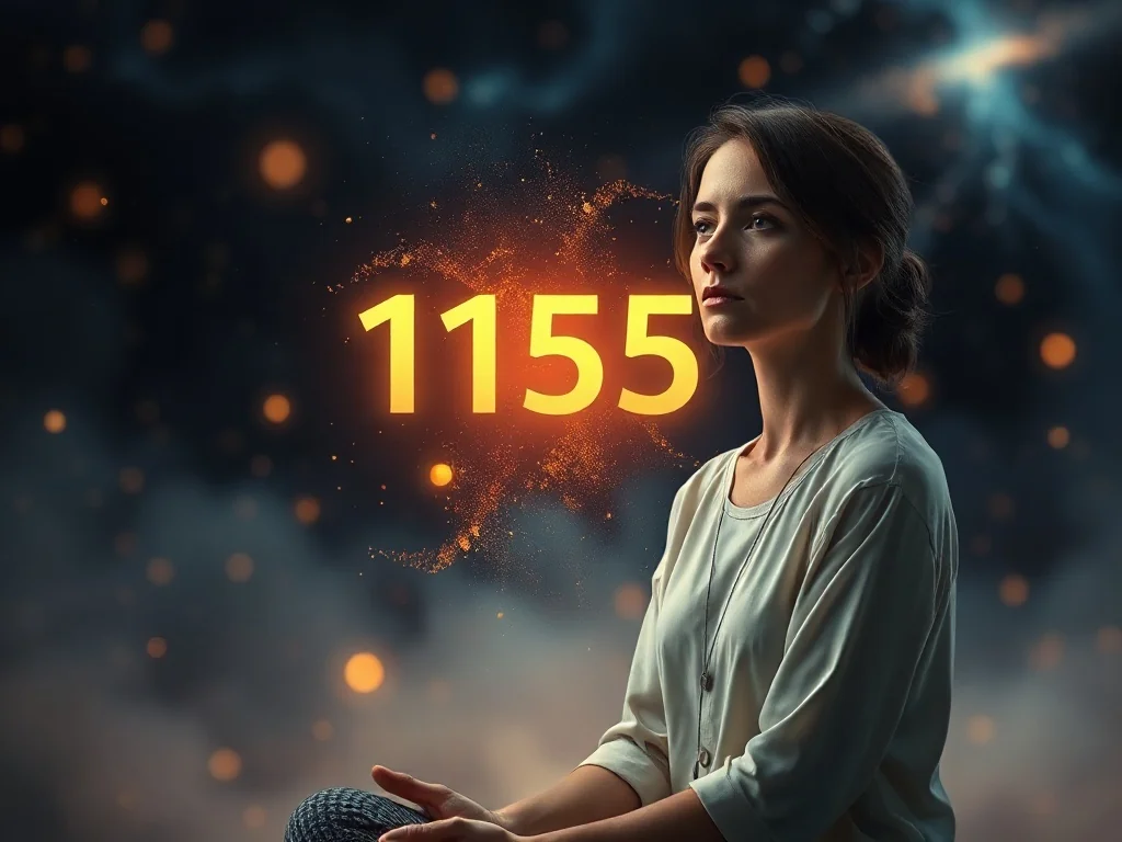 Kobieta medytująca przed świetlistą liczbą 1155 w otoczeniu kosmicznego pyłu, symbolizująca duchowe znaczenie tej liczby.