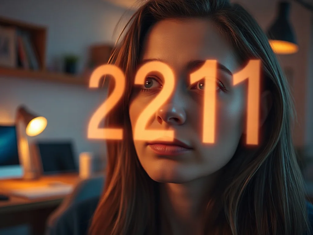 Kobieta zamyślona nad mistyczną, świecącą liczbą 2211 unoszącą się w powietrzu w nowoczesnym wnętrzu.