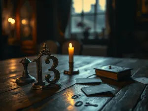 Kobieta zamyślona nad unoszącą się w powietrzu, świecącą liczbą 4444 w magicznej bibliotece.