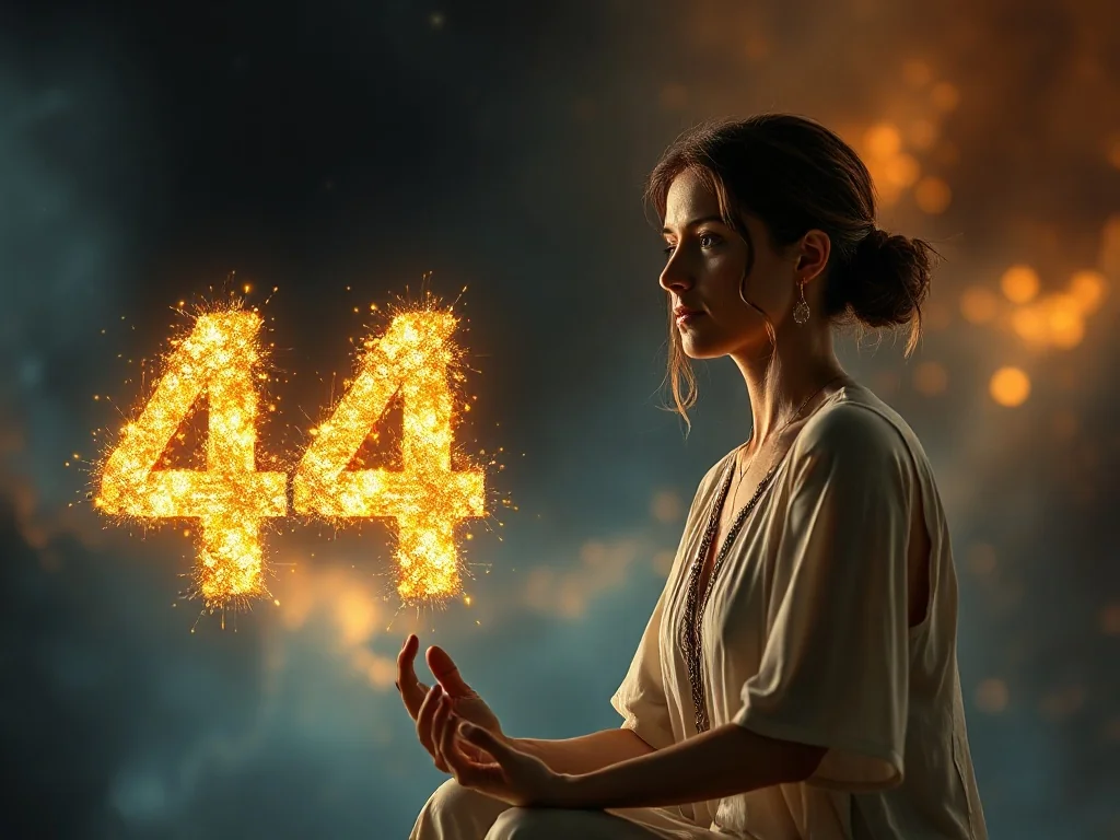 Kobieta w medytacyjnej pozie obserwuje świetlistą liczbę 44, symbolizującą mistyczne znaczenie w numerologii.
